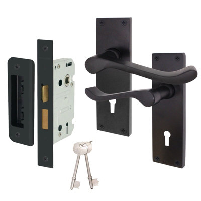 AFIT Matt Black Traditional Victorian Scroll Door Handle Lock Set - Internal Door Handles & Lock (64mm)
