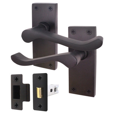 AFIT Matt Black Traditional Victorian Scroll Door Handle Set - Internal Door Handles & Latch (64mm)
