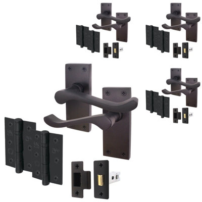 AFIT Matt Black Traditional Victorian Scroll Door Handle Set - Pack 4 - Internal Door Handles, Latch (64mm) & Hinges (76mm)