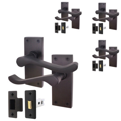 AFIT Matt Black Traditional Victorian Scroll Door Handle Set - Pack 4 - Internal Door Handles & Latch (64mm)