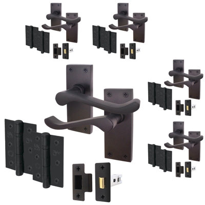 AFIT Matt Black Traditional Victorian Scroll Door Handle Set - Pack 5 - Internal Door Handles, Latch (64mm) & Hinges (76mm)