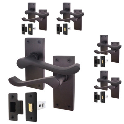 AFIT Matt Black Traditional Victorian Scroll Door Handle Set - Pack 5 - Internal Door Handles & Latch (64mm)