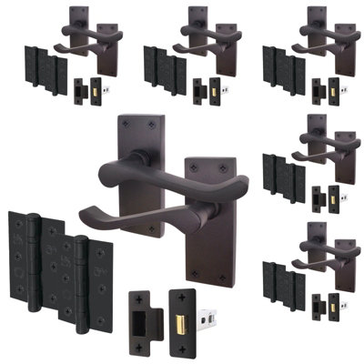 AFIT Matt Black Traditional Victorian Scroll Door Handle Set - Pack 6 - Internal Door Handles, Latch (64mm) & Hinges (76mm)