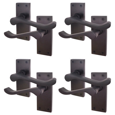 AFIT Matt Black Traditional Victorian Scroll Internal Door Handles on Backplate - Pack 4 - Lever Latch