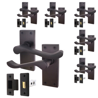 AFIT Matt Black Victorian Scroll Door Handle Latch Set - 6 Pair of Black Internal Lever Latch Handles on Backplate & Latch (64mm)