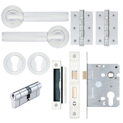 AFIT Modus Polished Chrome Lever on Rose Door Handle Pack - Euro Lock & Cylinder
