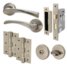AFIT Nickel Bathroom Door Handle Set, Thumb Turn & Release Set, Lock & Hinges 76mm Novi Range