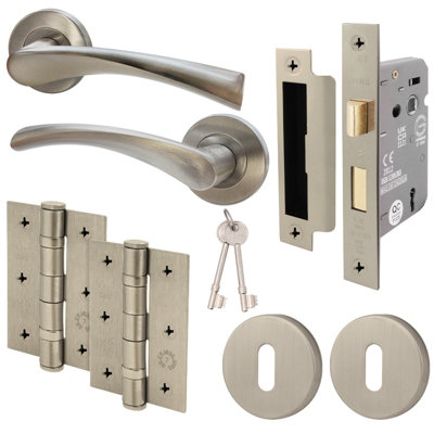 AFIT Nickel Key Lock Door Handle Set, Handles, Sash Lock, Hinges 76mm & 2 Escutcheons Novi Range