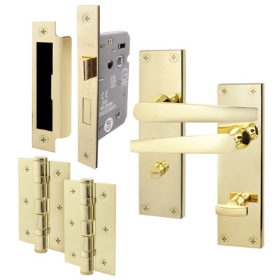 AFIT Polished Brass Bathroom Door Handle Set - Internal Door Handles, Lock (64mm) & Hinges (76mm) - Straight Pattern
