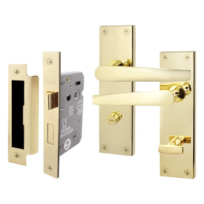 AFIT Polished Brass Bathroom Door Handle Set - Internal Door Handles & Lock (64mm) - Straight Pattern