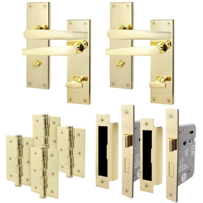 AFIT Polished Brass Bathroom Door Handle Set - Pack 2 - Internal Door Handles, Lock (64mm) & Hinges (76mm) - Straight Pattern