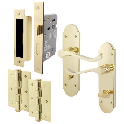 AFIT Polished Brass Bathroom Door Handle Set - Victoria Scroll Shaped - 1 Pair of Internal Door Handles, Hinges 76mm & Lock 64mm