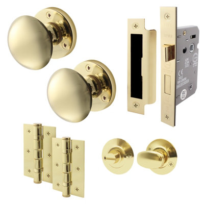 AFIT Polished Brass Bathroom Door Knob Set - 1 Pair of Victorian Mortice Knobs (55mm), Lock (80mm) & Hinges (76mm)