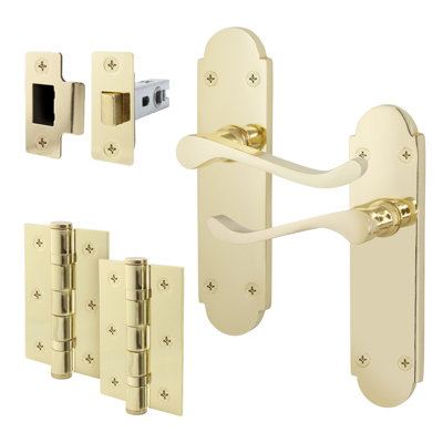 AFIT Polished Brass Door Handles Set - Internal Door Handles, Latch (64mm) & Hinges (76mm) - Shaped Victorian Scroll