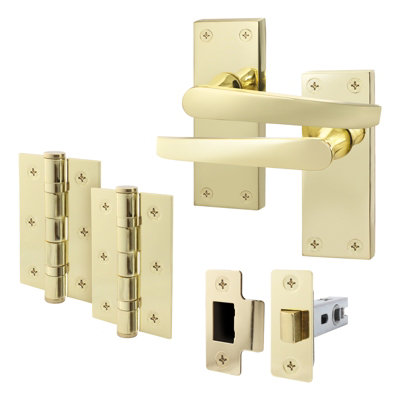 AFIT Polished Brass Door Handles Set - Internal Door Handles, Latch (64mm) & Hinges (76mm) - Straight Pattern