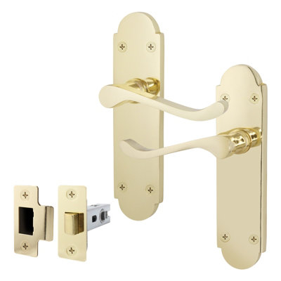 AFIT Polished Brass Door Handles Set - Internal Door Handles & Latch (64mm) - Shaped Victorian Scroll