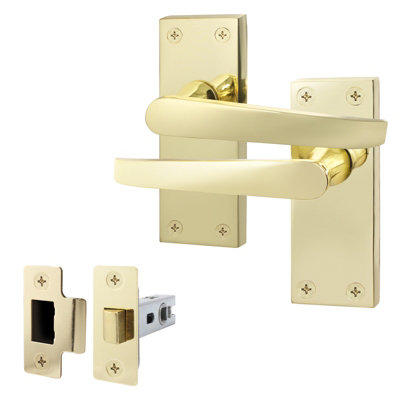 AFIT Polished Brass Door Handles Set - Internal Door Handles & Latch (64mm) - Straight Pattern Backplate