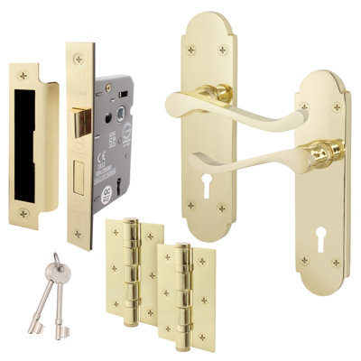 AFIT Polished Brass Door Handles Set - Internal Door Handles, Sashlock (64mm) & Hinges (76mm) - Shaped Victorian Scroll
