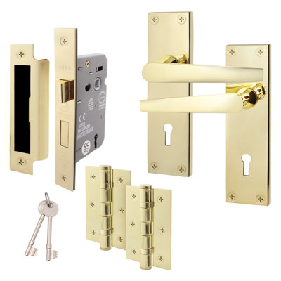 AFIT Polished Brass Door Handles Set - Internal Door Handles, Sashlock (64mm) & Hinges (76mm) - Straight Pattern