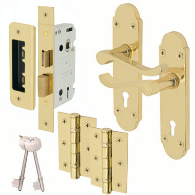 AFIT Polished Brass Door Handles Set - Internal Door Handles, Sashlock (64mm) & Hinges (76mm) - Victorian Scroll Price Comparisons | Compare The Build