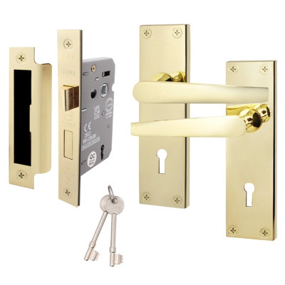 AFIT Polished Brass Door Handles Set - Internal Door Handles & Sashlock (64mm) - Straight Pattern