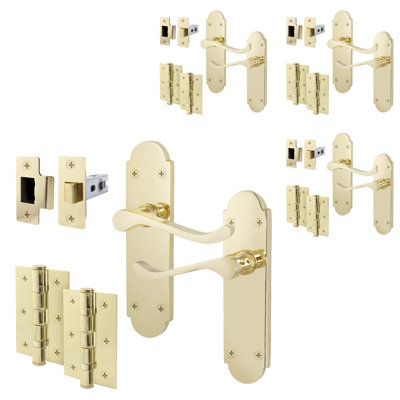 AFIT Polished Brass Door Handles Set - Pack 4 - Internal Door Handles, Latch (64mm) & Hinges (76mm) - Shaped Victorian Scroll