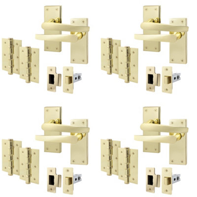AFIT Polished Brass Door Handles Set - Pack 4 - Internal Door Handles, Latch (64mm) & Hinges (76mm) - Straight Pattern