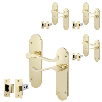 AFIT Polished Brass Door Handles Set - Pack 4 - Internal Door Handles & Latch (64mm) - Shaped Victorian Scroll