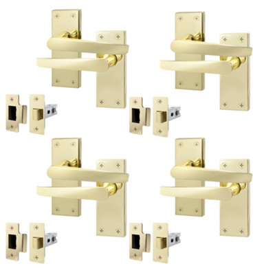 AFIT Polished Brass Door Handles Set - Pack 4 - Internal Door Handles & Latch (64mm) - Straight Pattern Backplate