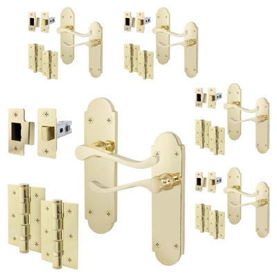 AFIT Polished Brass Door Handles Set - Pack 5 - Internal Door Handles, Latch (64mm) & Hinges (76mm) - Shaped Victorian Scroll
