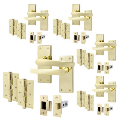 AFIT Polished Brass Door Handles Set - Pack 5 - Internal Door Handles, Latch (64mm) & Hinges (76mm) - Straight Pattern