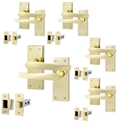 AFIT Polished Brass Door Handles Set - Pack 5 - Internal Door Handles & Latch (64mm) - Straight Pattern Backplate