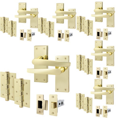 AFIT Polished Brass Door Handles Set - Pack 6 - Internal Door Handles, Latch (64mm) & Hinges (76mm) - Straight Pattern