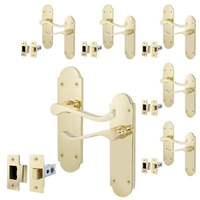 AFIT Polished Brass Door Handles Set - Pack 6 - Internal Door Handles & Latch (64mm) - Shaped Victorian Scroll