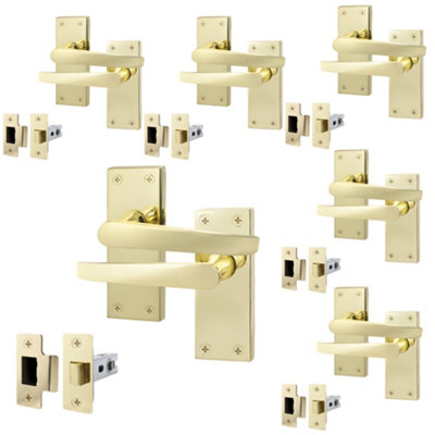 AFIT Polished Brass Door Handles Set - Pack 6 - Internal Door Handles & Latch (64mm) - Straight Pattern Backplate
