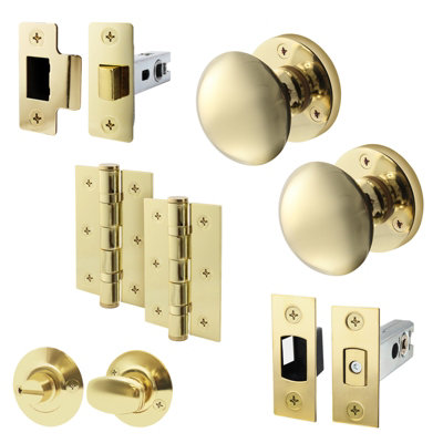 AFIT Polished Brass Door Knob Set - 1 Pair of Knobs (55mm), Latch & Deadbolt (76mm), Hinges (76mm) & Turn & Release