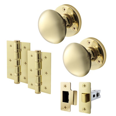 AFIT Polished Brass Door Knob Set - 1 Pair of Victorian Mortice Knobs (55mm), Latch (76mm) & Hinges (76mm)