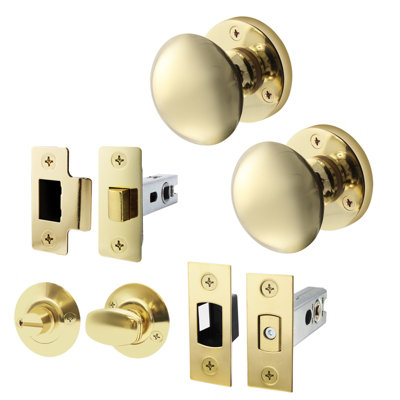 AFIT Polished Brass Door Knob Set - 1 Pair of Victorian Mortice Knobs (55mm), Latch & Deadbolt Kit 76mm, Turn & Release