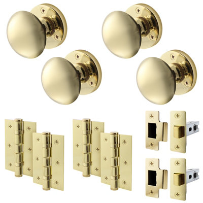 AFIT Polished Brass Door Knob Set - 2 Pairs of Victorian Mortice Knobs (55mm), Latch (76mm) & Hinges (76mm)