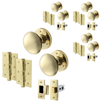 AFIT Polished Brass Door Knob Set - 4 Pairs of Victorian Mortice Knobs (55mm), Latch (76mm) & Hinges (76mm)