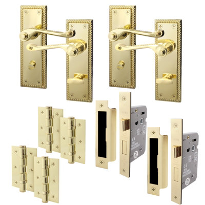 AFIT Polished Brass Georgian Bathroom Door Handle Set - Pack 2 - Internal Door Handles, Lock (64mm) & Hinges (76mm)