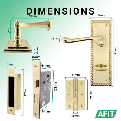 AFIT Polished Brass Georgian Bathroom Door Handle Set - Pack 2 - Internal Door Handles, Lock (64mm) & Hinges (76mm)