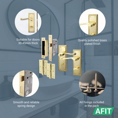AFIT Polished Brass Georgian Bathroom Door Handle Set - Pack 2 - Internal Door Handles, Lock (64mm) & Hinges (76mm)