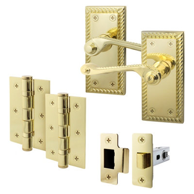 AFIT Polished Brass Georgian Scroll Door Handle Latch Set - Internal Door Handles, Latch (64mm) & Hinges (76mm)