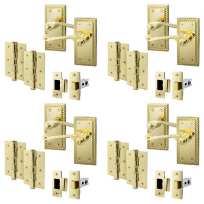 AFIT Polished Brass Georgian Scroll Door Handle Latch Set - Pack 4 - Internal Door Handles, Latch (64mm) & Hinges (76mm)
