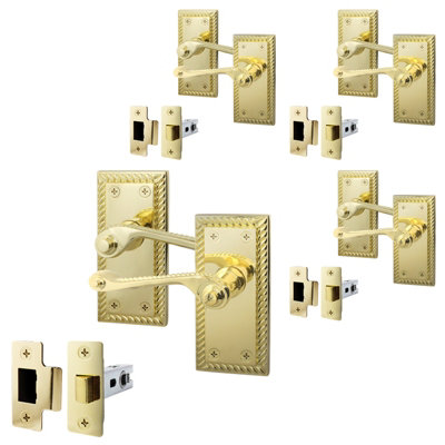 AFIT Polished Brass Georgian Scroll Door Handle Latch Set - Pack 4 - Internal Door Handles & Latch (64mm)