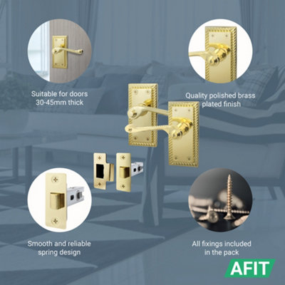 AFIT Polished Brass Georgian Scroll Door Handle Latch Set - Pack 4 - Internal Door Handles & Latch (64mm)