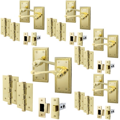 AFIT Polished Brass Georgian Scroll Door Handle Latch Set - Pack 5 - Internal Door Handles, Latch (64mm) & Hinges (76mm)