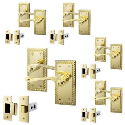 AFIT Polished Brass Georgian Scroll Door Handle Latch Set - Pack 5 - Internal Door Handles & Latch (64mm)