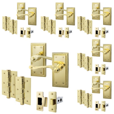 AFIT Polished Brass Georgian Scroll Door Handle Latch Set - Pack 6 - Internal Door Handles, Latch (64mm) & Hinges (76mm)